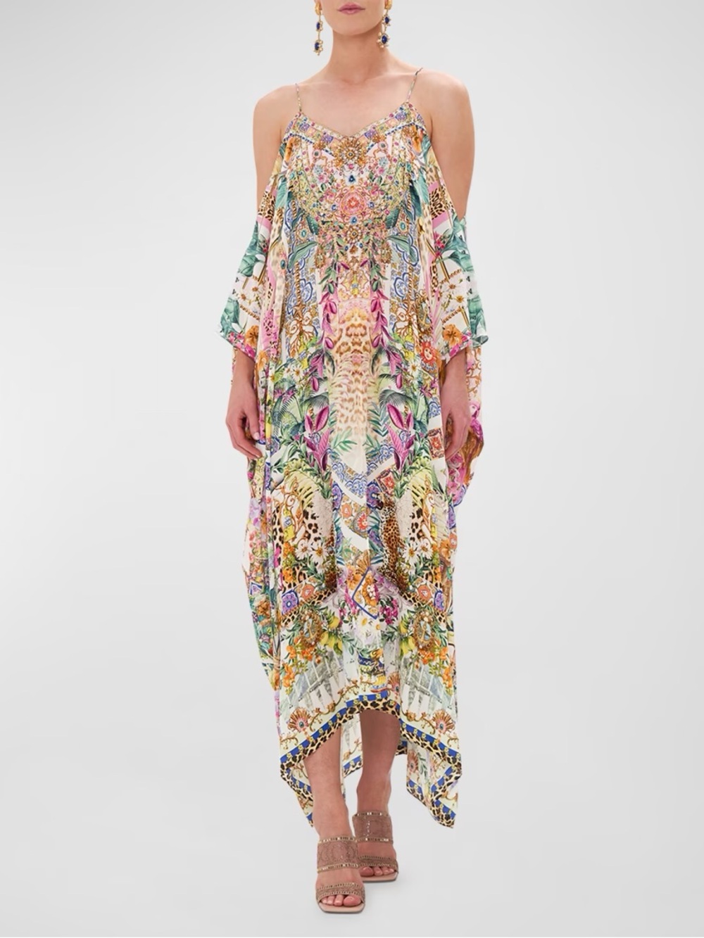 Camilla silk crystal asymmetrical printed kaftan slit shoulders,